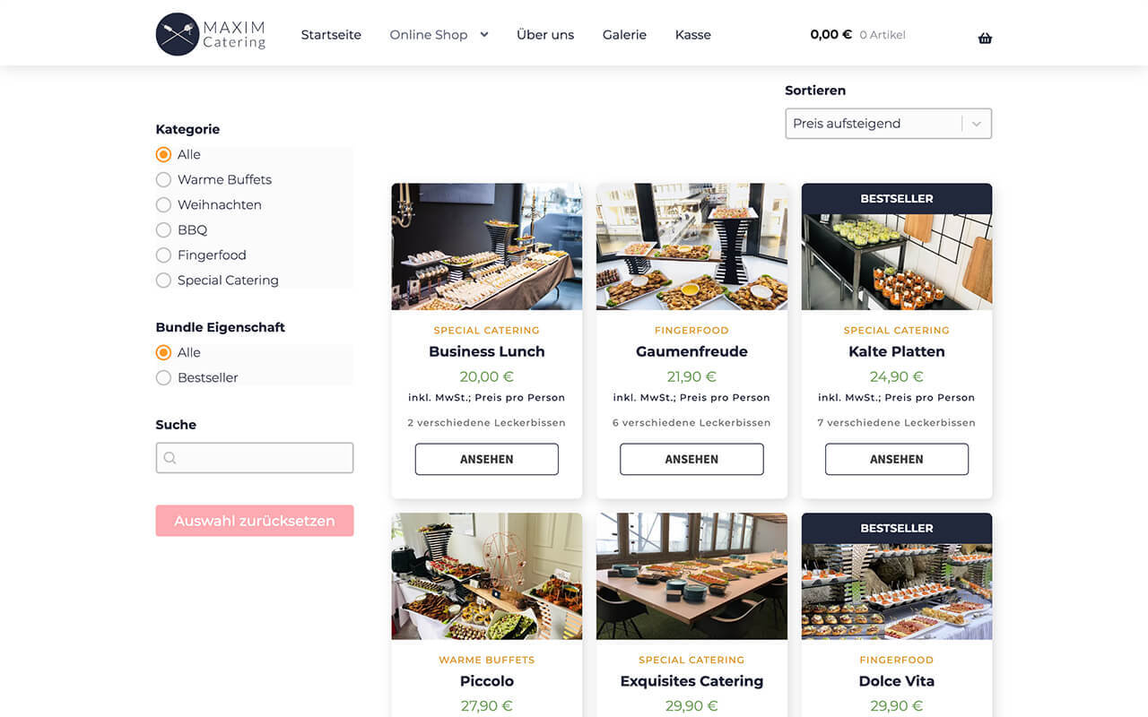 woocommerce onlineshop maxim catering shopansicht