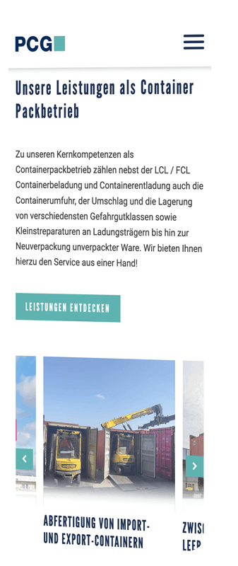 handy mockup zeigt leistungen von pcg in einem slider
