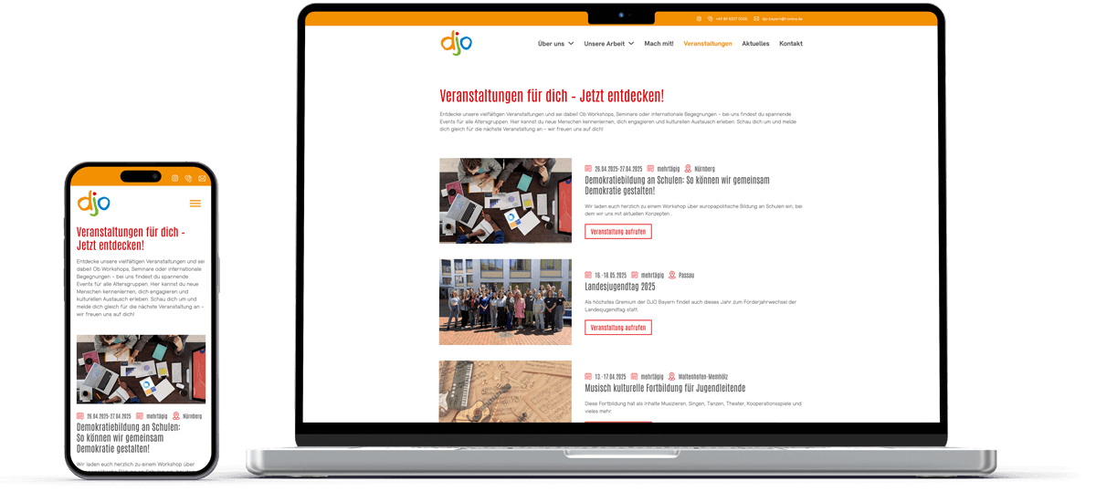 handy und laptop mockup zeigt die veranstaltungsseite von djo