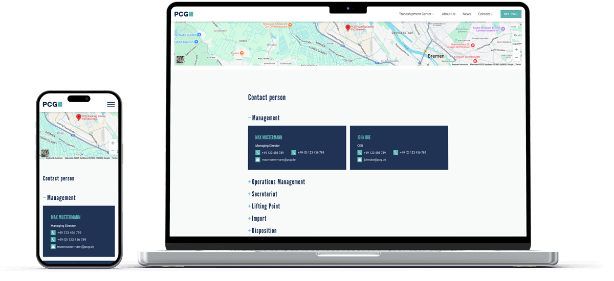 laptop and mobile mockup shows contact page of pcg