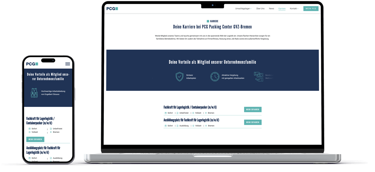 laptop und handy mockup zeigt karriere seite von pcg