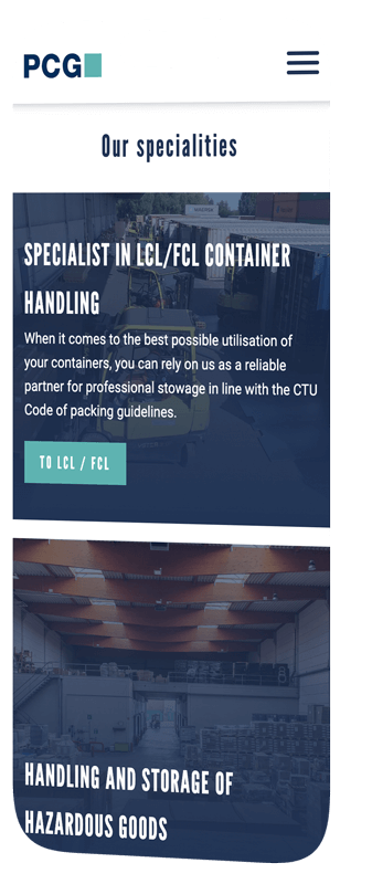 mobile mockup shows the specialisations of pcg