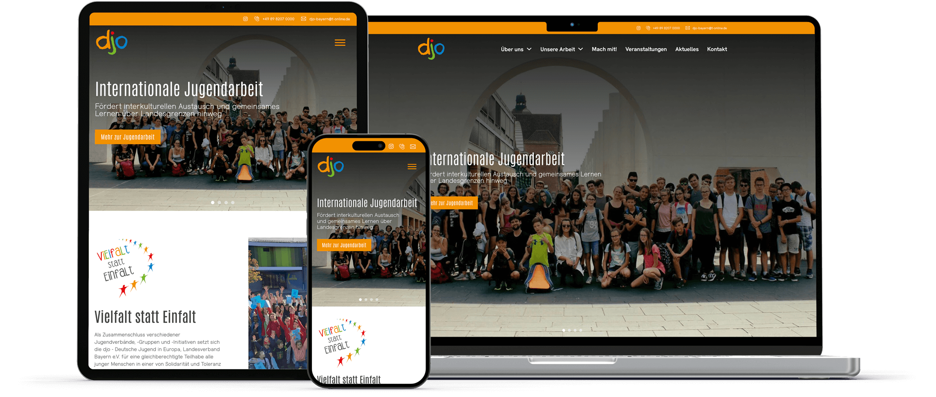 mockup gruppe aus handy tablet und laptop zeigt die djo startseite