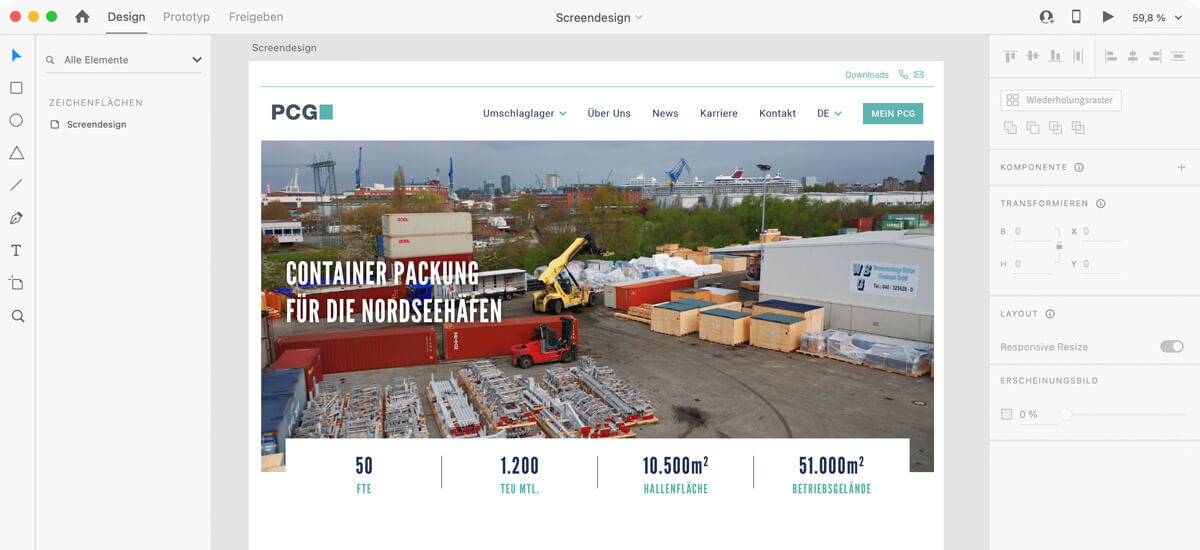 mockup zeigt adobe xd mit pcg screendesign