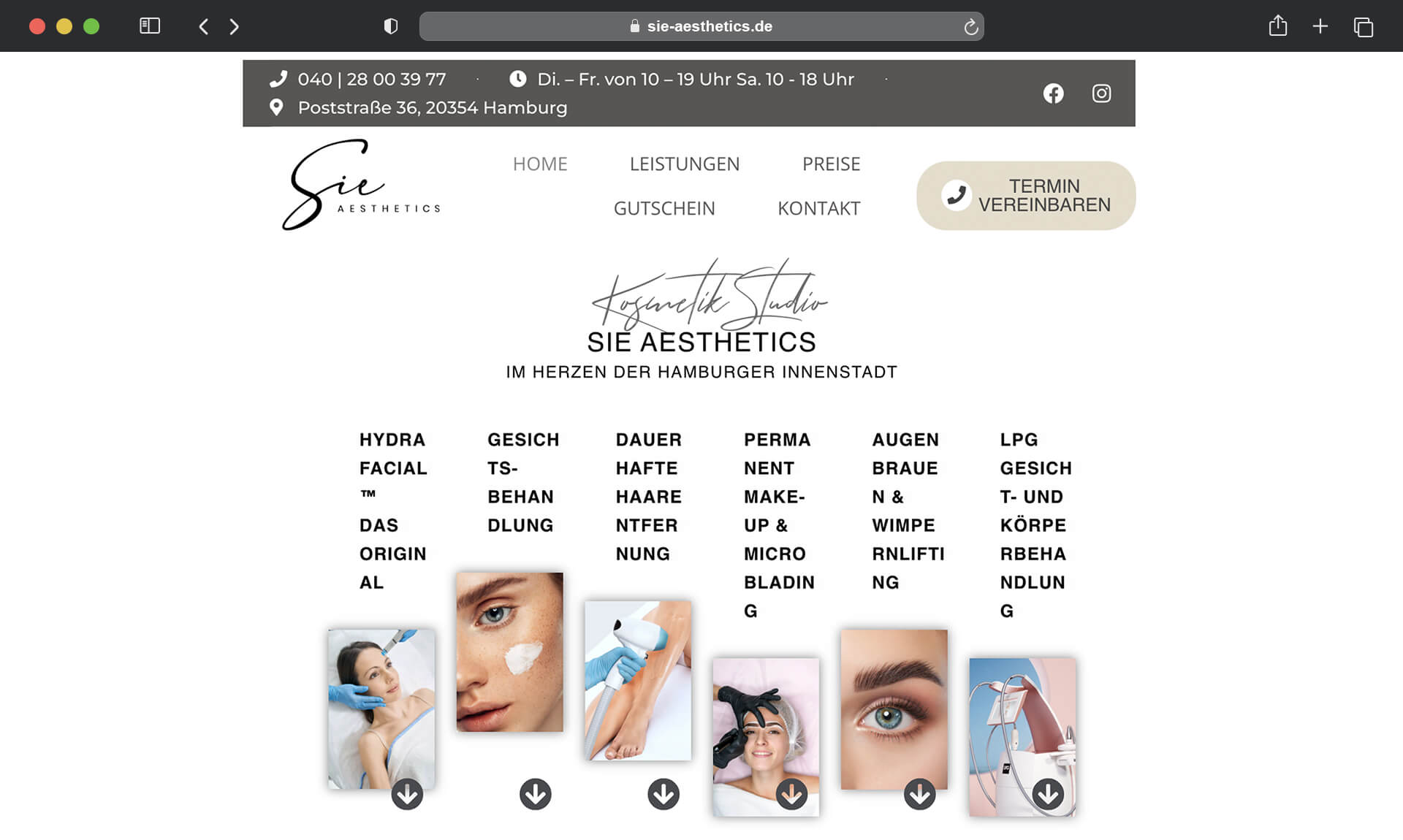 browser mockup zeigt sie aesthetics website vor dem relaunch