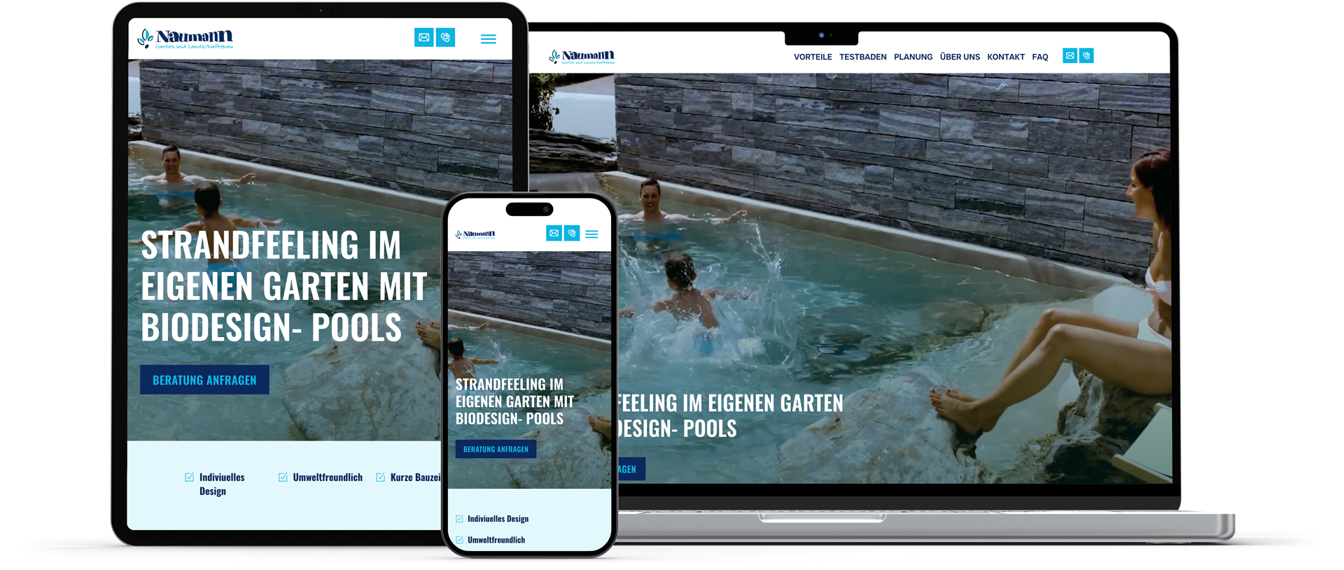 laptop tablet und handy mockup zeigt startseite von naumann bio pool