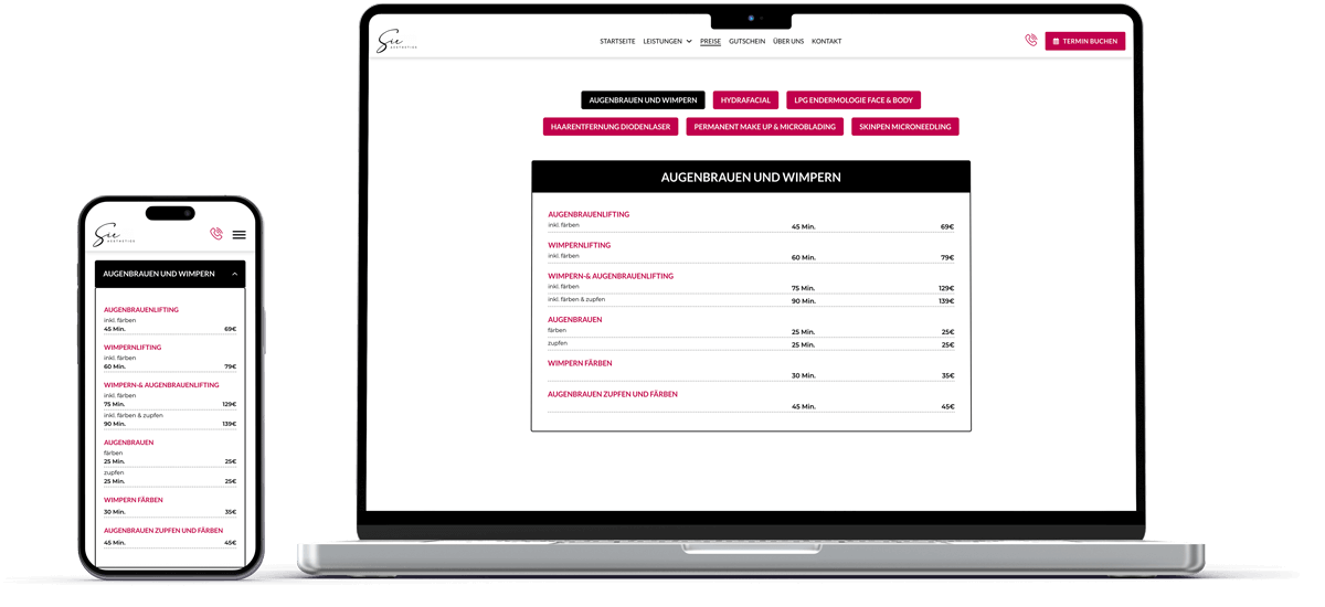 laptop und handy mockup zeigt preisliste von sie aesthetics