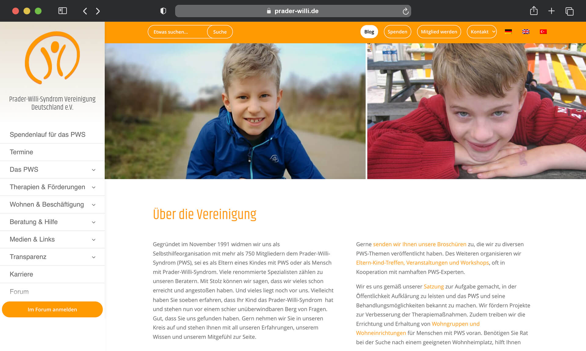 browser mockup zeigt alte prader willi syndrom startseite