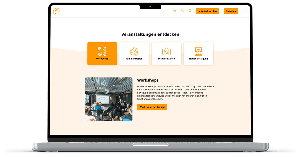 laptop mockup zeigt quicklinks von prader willi