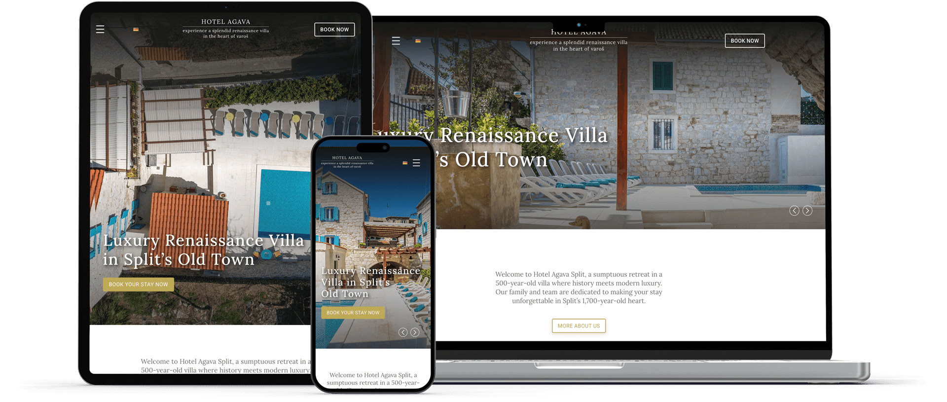 laptop tablet und handy mockup zeig startseite von hotel agava split