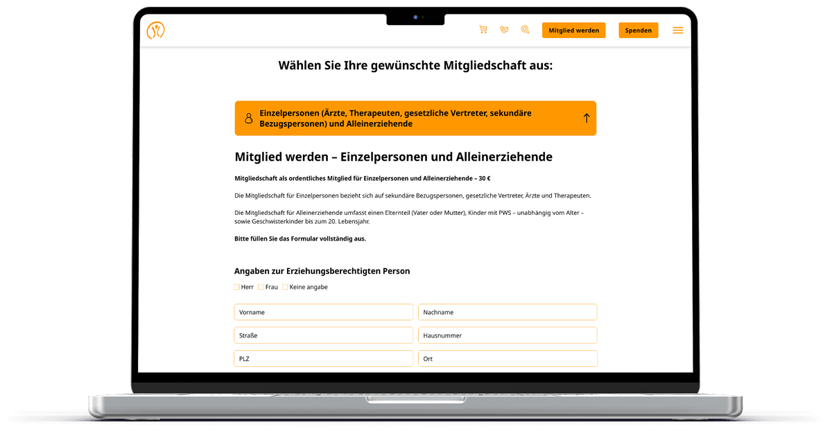 laptop zeigt mitgliedschaftsanfrage von prader willi syndrom vereinigung